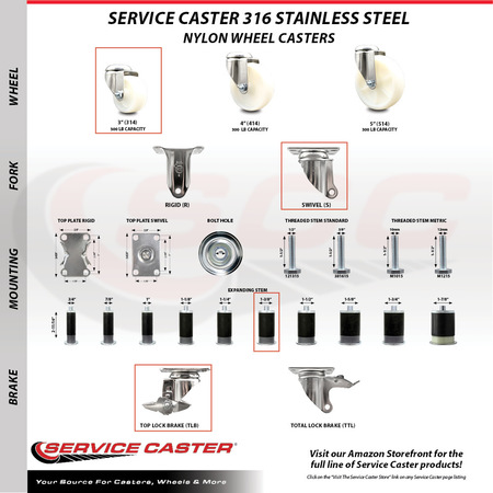 Service Caster 3 Inch 316SS Nylon Wheel Swivel 1-3/8 Inch Expanding Stem Caster Set Brake SCC SCC-SS316EX20S314-NYS-TLB-138-4